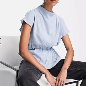 ASOS DESIGN drape high neck top with elastic waist and peplum hem in smokey blue